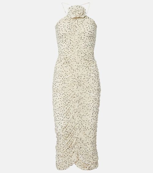 Floral-appliqué polka-dot maxi dress