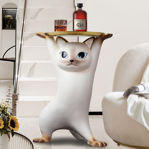 Modern Cat Side Table Decorative Cocktail Table Floor Resin Figurine with Gold Tray End Table