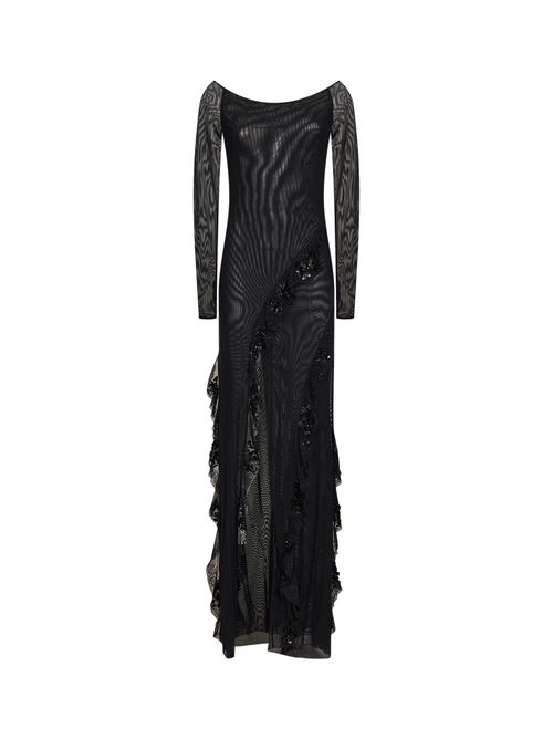 Beaded and Sequin-Embroidered Tulle Maxi Dress — Black