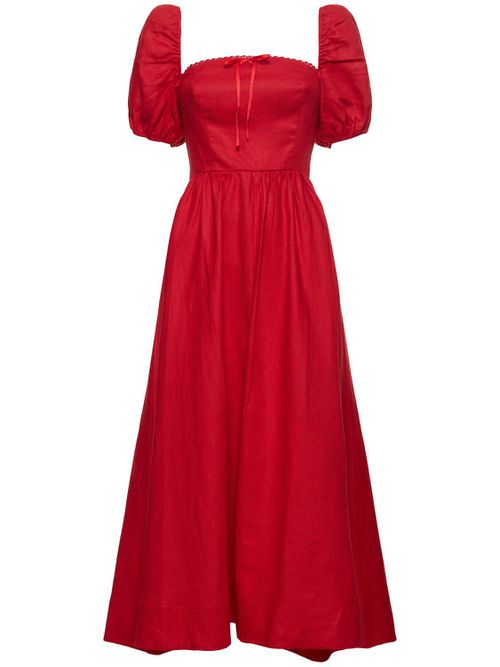 Marella Linen Puff Sleeve Midi Dress