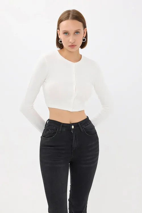 Natural Buttoned Long Sleeve Round Neck Cropped Top Women