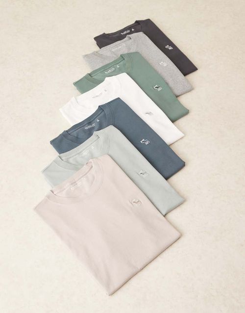 Abercrombie & Fitch 7 pack icon logo t-shirt in neutrals-Multi