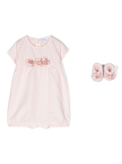 Rose-appliqué romper set - Pink
