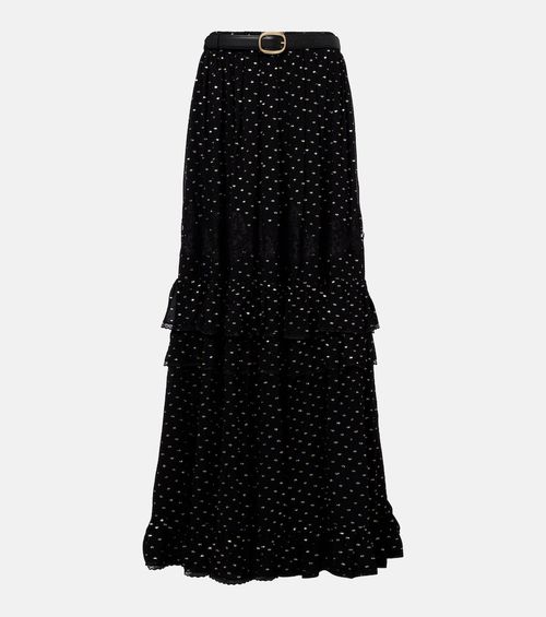 Lace-trimmed polka-dot chiffon maxi skirt