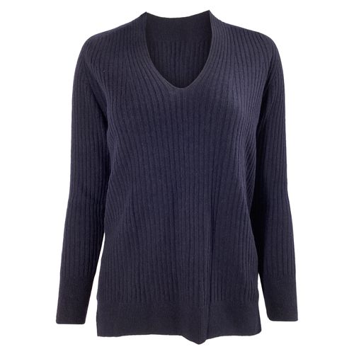 V-neck Ribbed Sweater in Navy Blue Cashmere