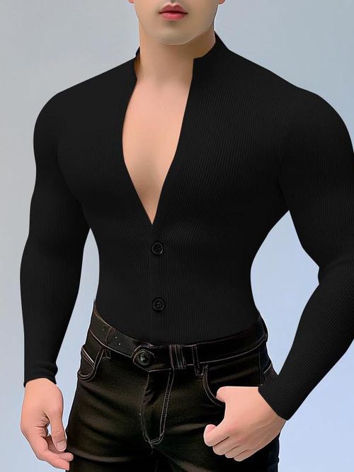 Mens Solid Color Textured Long Sleeve T-Shirt SKUK97843 - Black / S