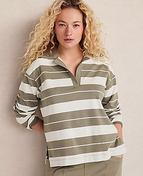 Ann Taylor Haven Well Within Organic Cotton Interlock Stripe Johnny Collar Top