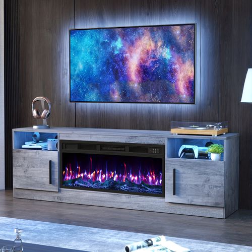 TEMU Fireplace Tv Stand With 36" Fireplace Up " Tvs, 70" Modern Wood High Gloss With Highlight Storage Cabinet, Led Light Entertainment Center