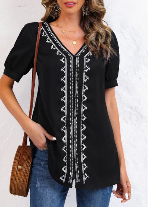 Modlily Black Embroidery Tribal Print Long Sleeve V Neck Blouse