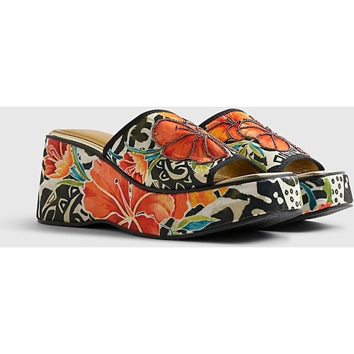River Island Womens Mule Wedges Orange Flower Print Floral Del Maar Textile