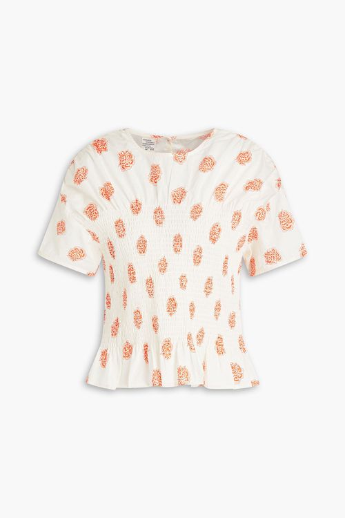 Mynowa shirred printed organic cotton-poplin top
