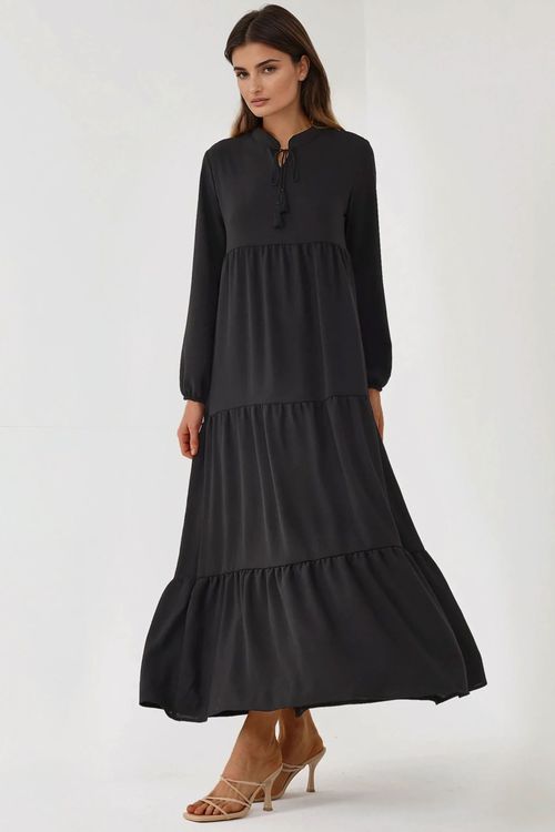 Black Textured Crew Neck Maxi Dress With Buttons Women