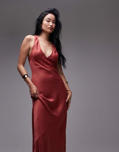 Deep plunge satin maxi dress in rust-Brown