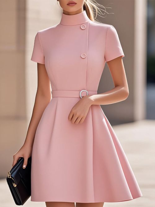 Elegant Black High-Neck Dress with Belted Waist - Pink