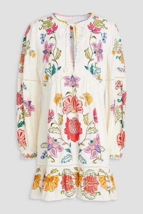 Tiered floral-print linen-blend mini dress - White - XS