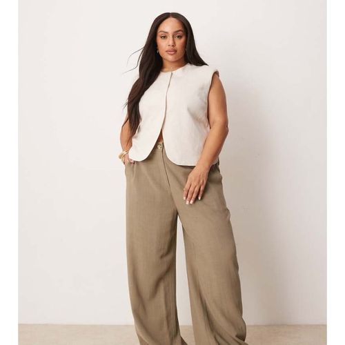 ASOS CURVE Womens DESIGN relaxed straight leg trousers with linen in khaki
