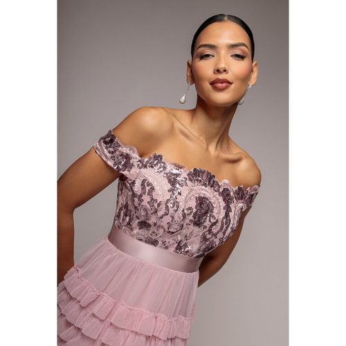 Goddiva Scallop Bardot Ruffle Mesh Maxi - Blush