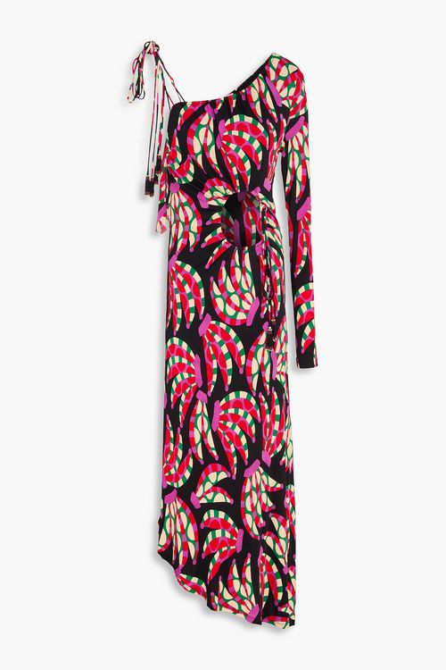 One-sleeve cutout printed jersey midi dress - Black - L