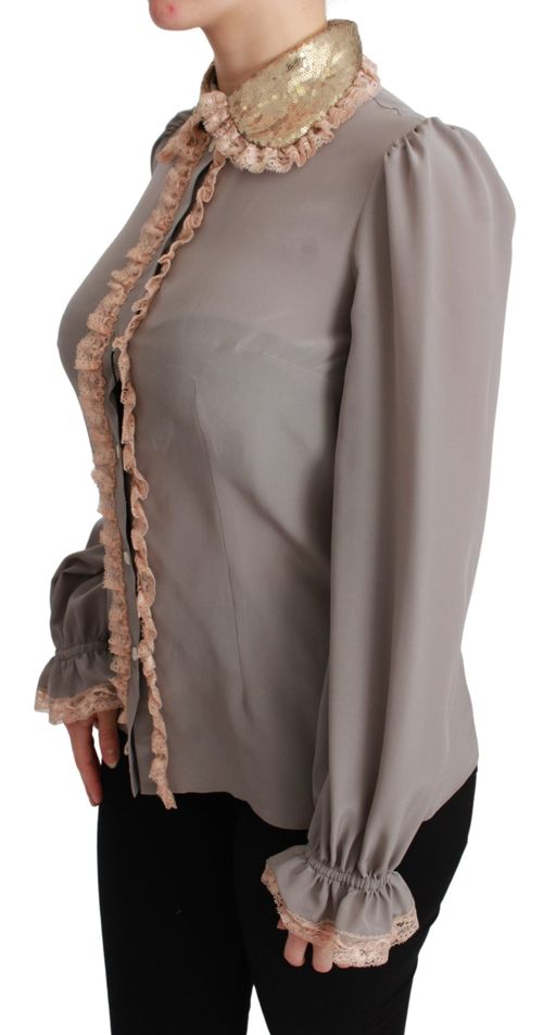 Silk Gold Sequin Lace-Trim Blouse — Gray