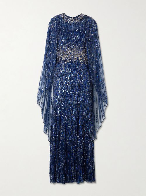 Honey Dew Cape-effect Embellished Tulle Gown - Blue