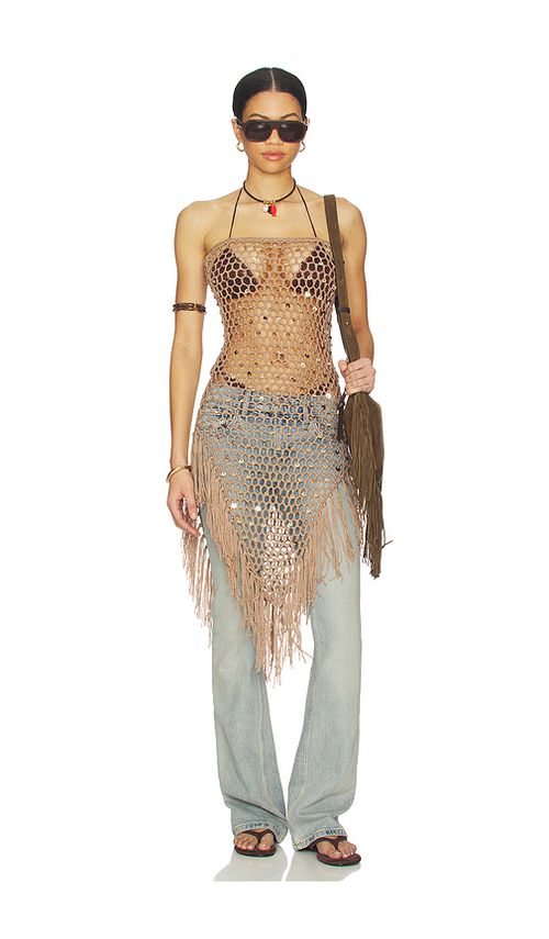 MORE TO COME Rami Fringe Strapless Dress in Tan. L. Also in M