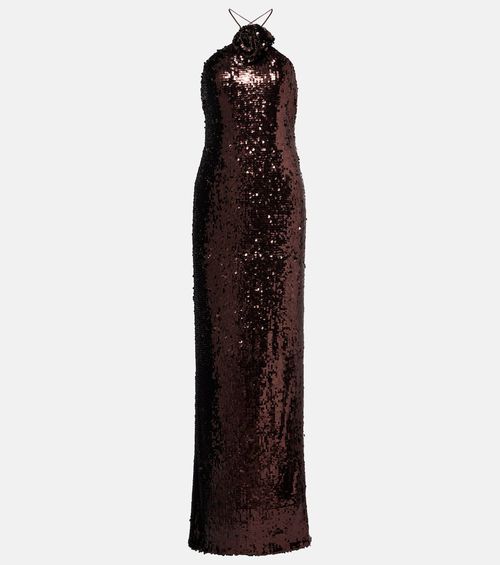 Floral-appliqué sequined gown