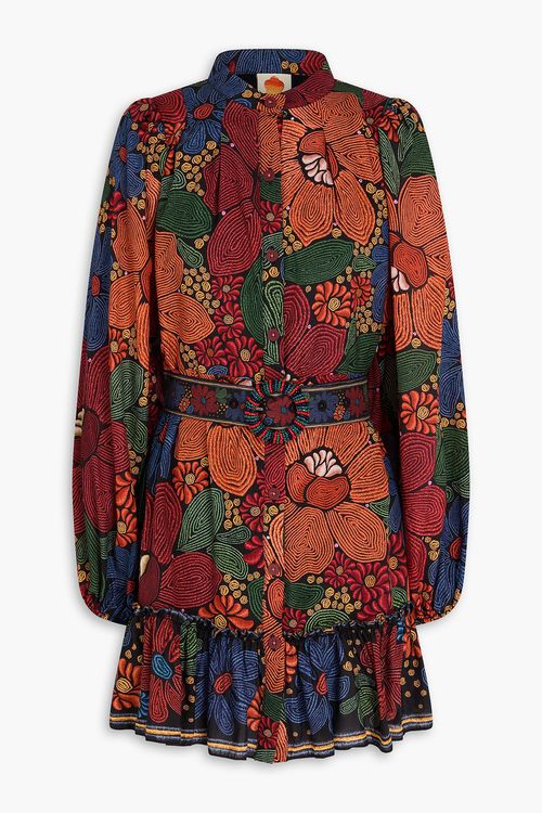 Ruffled printed crepe mini shirt dress - Multicolor - XL
