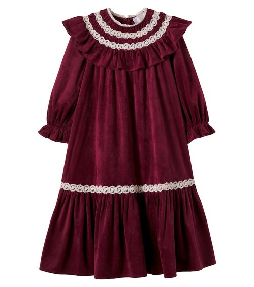 Lace-trimmed ruffled velvet dress