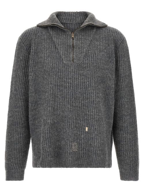 Ribbed Wool-Linen with Mending Details Sweater — gray