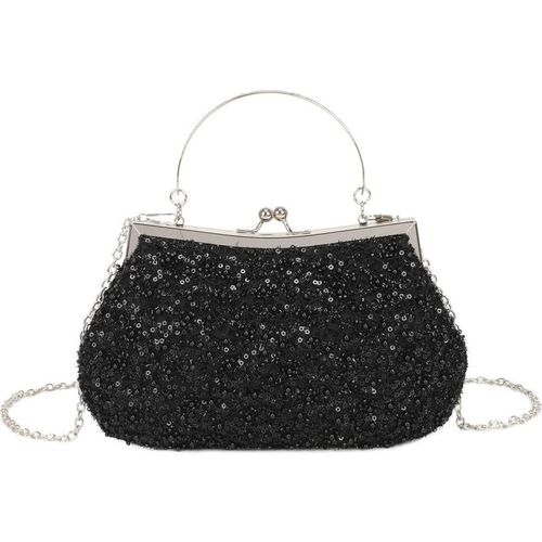JFY Women's Metal Handle Kiss Clasp Beaded Evening Clutch Bags in Black