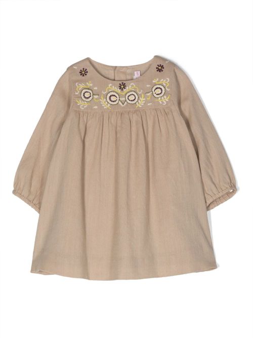 Embroidered-detail long-sleeved dress - Neutrals