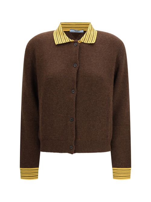 Contrast Striped Collar and Cuffs Cardigan — Brown