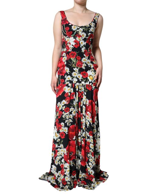 Floral Silk A-Line Dress — Black
