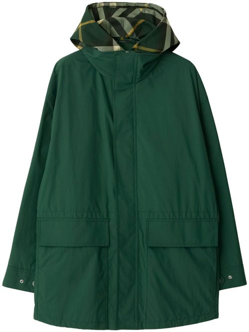 Check-pattern concealed-fastening coat - Green