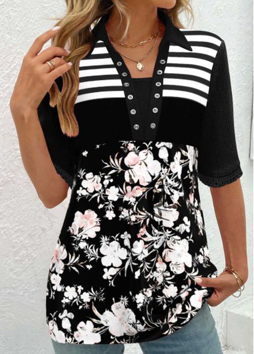 Modlily Black Patchwork Floral Print Half Sleeve T Shirt