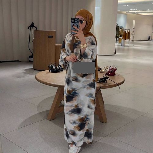 Modest Abaya Dress ​Tie-Dye Print Maxi Dress – Long Sleeve Elegant A-Line Dress For Women