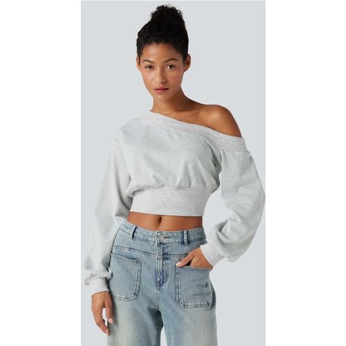Halara One-shoulder Long Sleeve Cropped Casual Sweatshirt - Mottled Grey