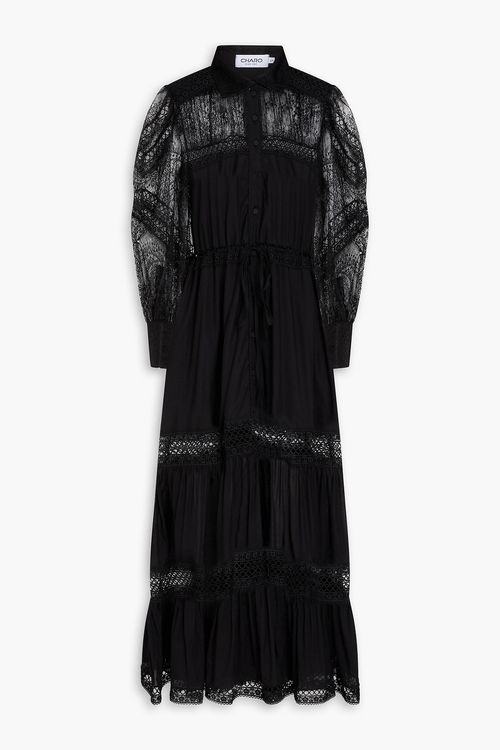 Lucil lace-paneled cotton-blend poplin maxi shirt dress - Black - XS