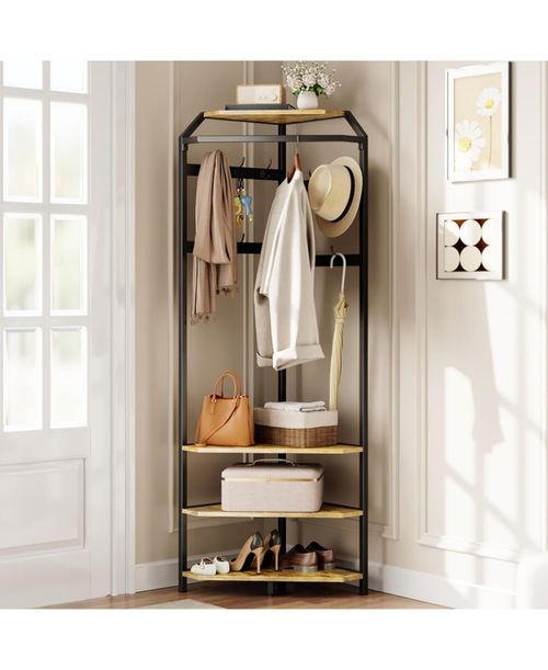 Corner Coat Rack With Shoe Bench and 6 Double Hooks, Corner Hall Tree - Clothes Rack With Storage Hall Tree With Organizer Shelf for Entryway,