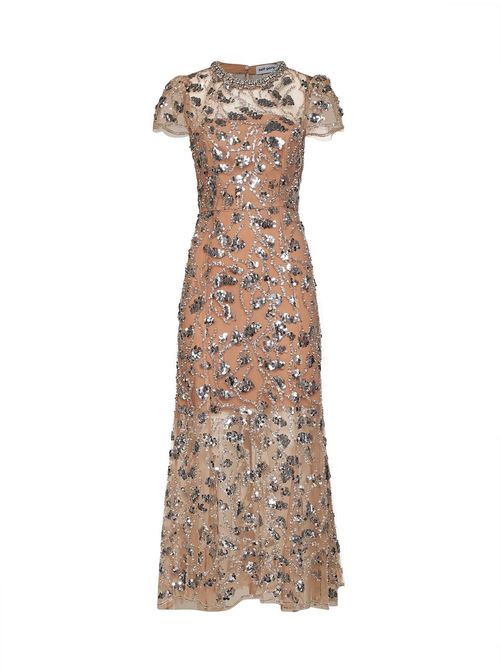 Silver Sequin Embroidered Tulle Dress — Nude