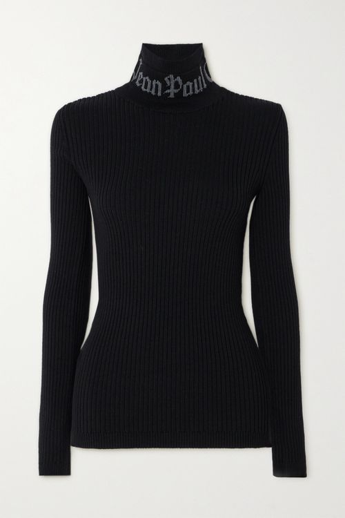 Ribbed Merino Wool-blend Jacquard Turtleneck Top - Black