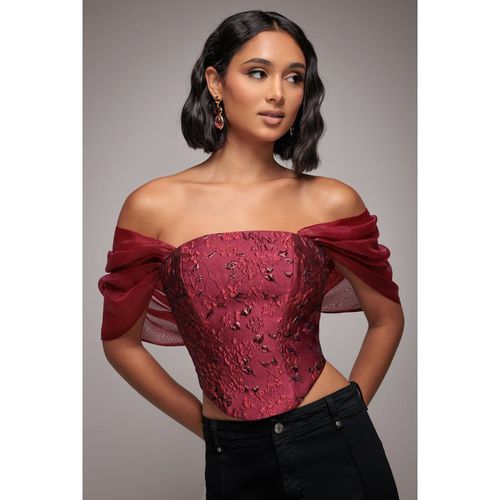 Goddiva Off Shoulder Jacquard Top With Organza Wings - Burgundy Red