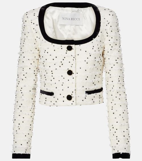 Polka-dot fringed wool-blend tweed jacket