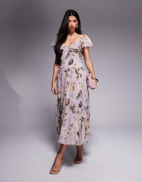 Dropped waist full skirt midi dress in lilac vintage floral print-Multi