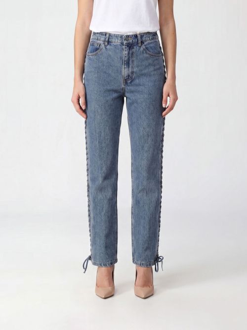 High-Waisted Straight Jeans in Denim with Woven Straps