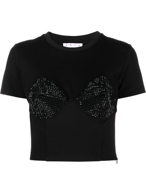 Embellished cup-detail cropped T-shirt - Black