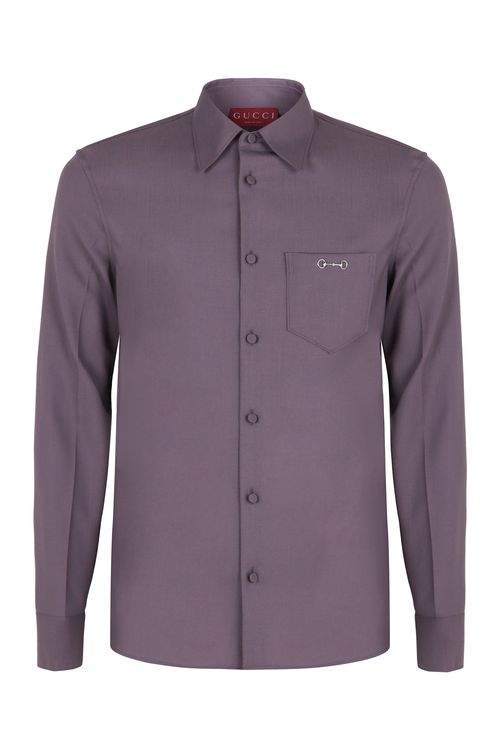 Slim-Fit Wool Gabardine Shirt with Chest Pocket Metal Detail