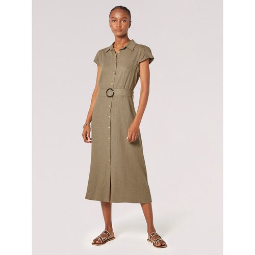 Linen Blend Belted Shirt Midi Dress