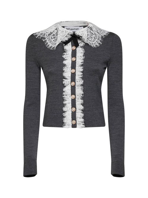 Lace-Collar Wool Knit Cardigan — Gray