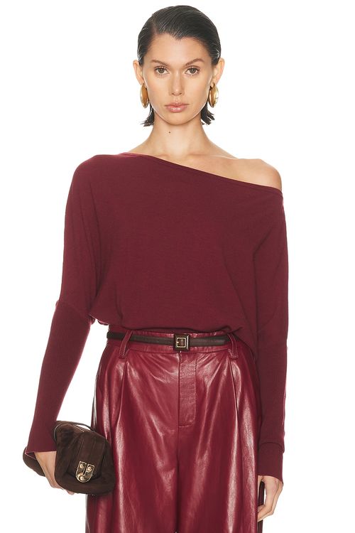 SIMKHAI Lavina Draped Off Shoulder Sweater in Cranberry - Burgundy. XS also in L